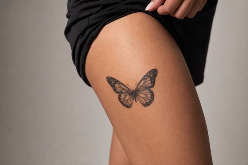 Nahaufnahme eines Schmetterlings-Tattoos am Oberschenkel einer Frau.