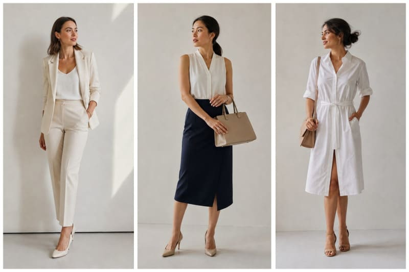 Drei elegante Sommer-Outfits für Damen in hellen Farben, darunter ein Hosenanzug, ein Midirock-Look und ein luftiges Hemdkleid.