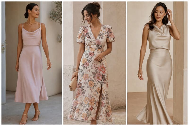 Drei elegante Sommer-Outfits für Damen in zarten Farben, darunter ein Satin-Kleid, ein florales Kleid und ein seidiger Abendlook.