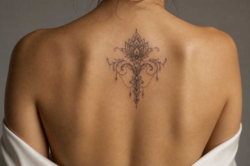 Rückenansicht einer Frau mit ornamentalem Tattoo zwischen den Schulterblättern.