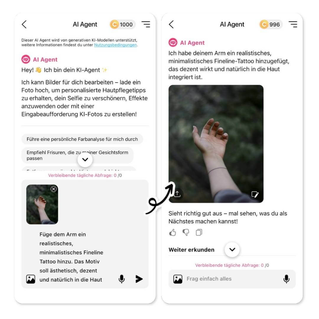 Screenshot des AI Agent in YouCam Makeup mit Beispiel für ein virtuelles Tattoo am Arm.