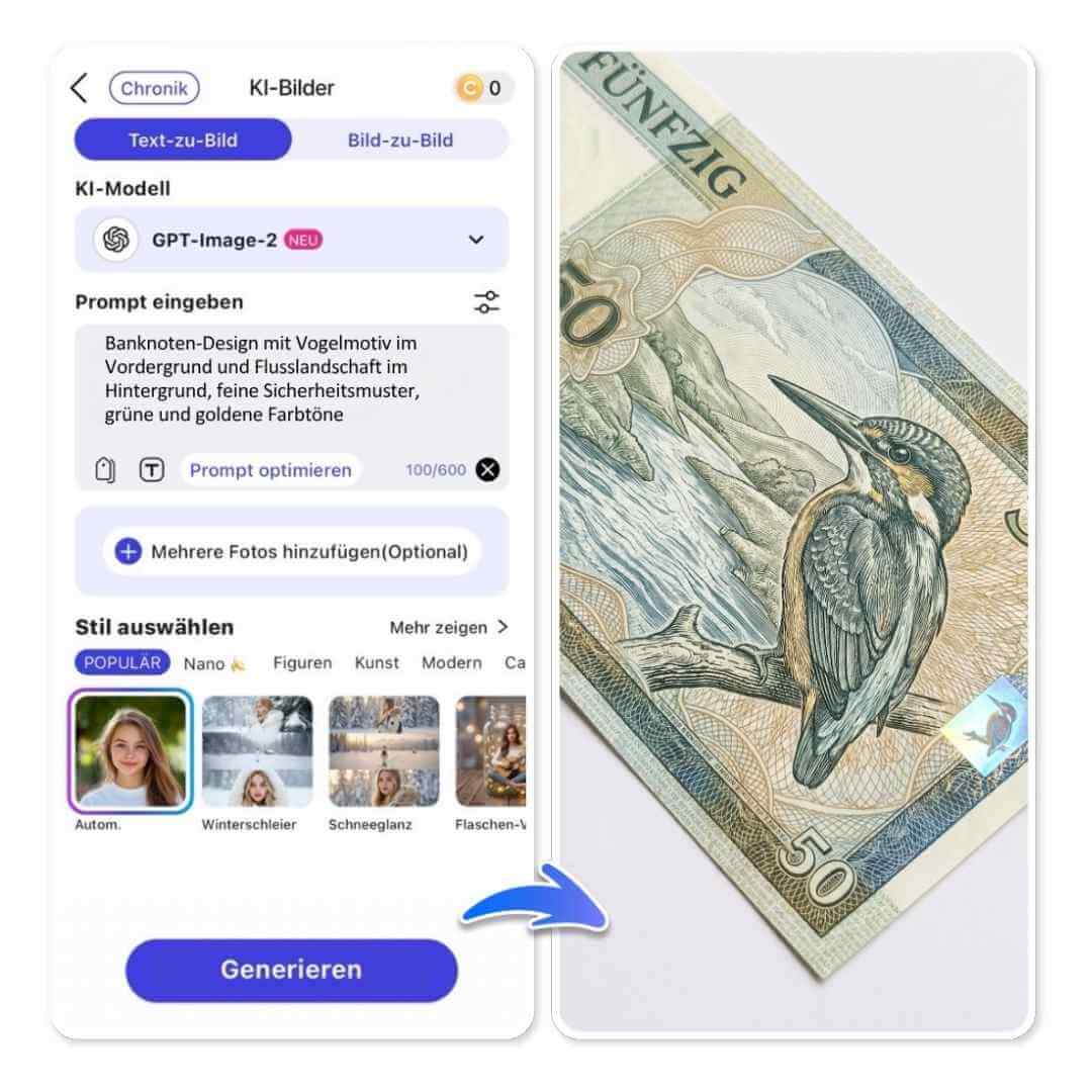 Benutzeroberfläche von YouCam AI Pro, auf dem das Design eines Geldscheines generiert wird.