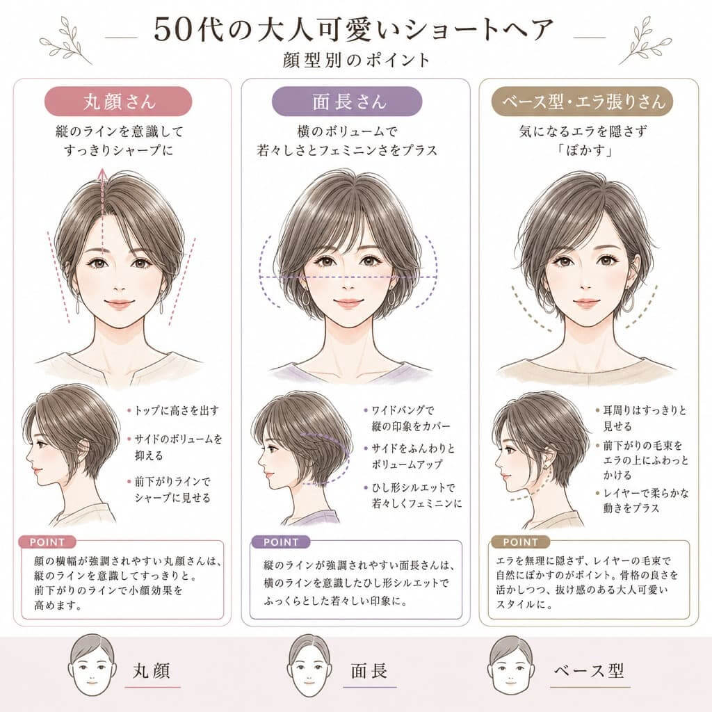50代のショートヘアの顔型別のポイント 50代のショートヘアの顔型別のポイント