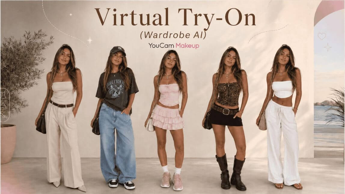 YouCam Makeup’s AI virtual try-on showing five women’s outfits in the AI Wardrobe