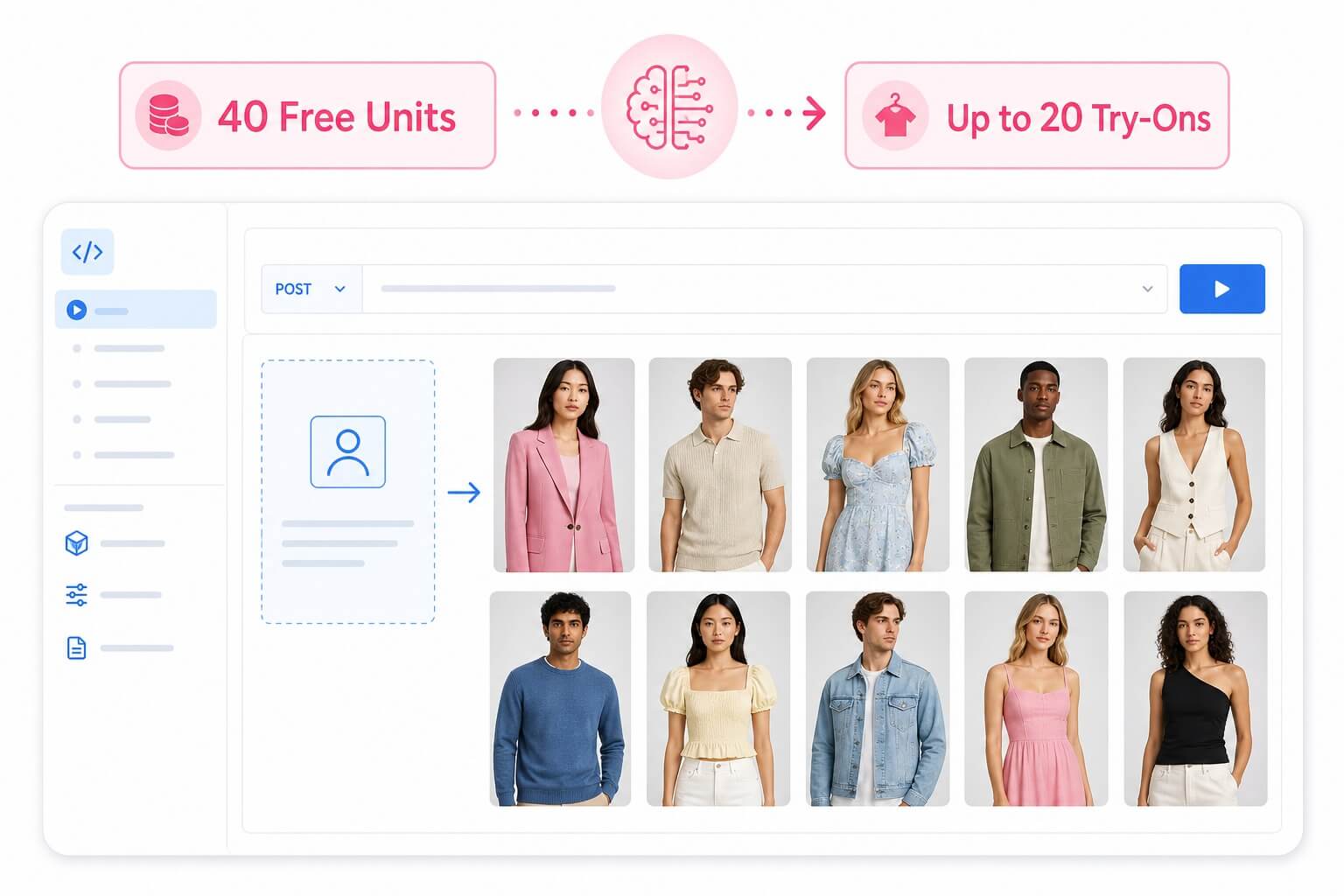 Forty free API units providing up to twenty AI clothes try-on results Forty free API units providing up to twenty AI clothes try-on results