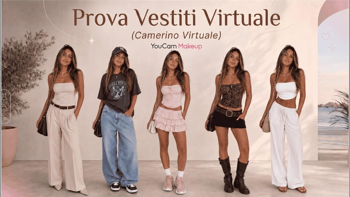 Prova virtuale con l’AI di YouCam Makeup che mostra cinque outfit femminili nell’AI Wardrobe