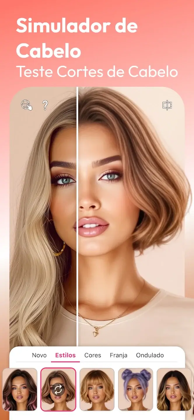 Tela do YouCam Makeup com simulador de corte de cabelo e penteado com IA