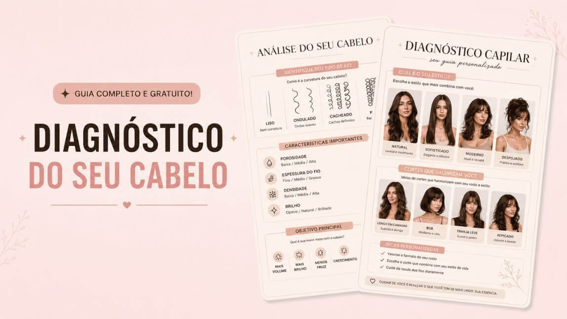 Infográfico de diagnóstico capilar com análise do tipo de fio, formato do rosto e cortes de cabelo recomendados.