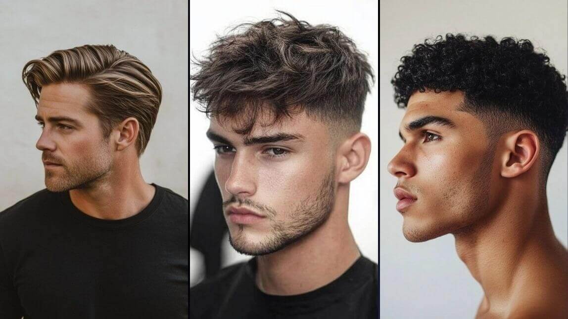 Colagem com três homens exibindo cortes de cabelo masculino modernos: penteado para trás, topo texturizado e cabelo cacheado com degradê.