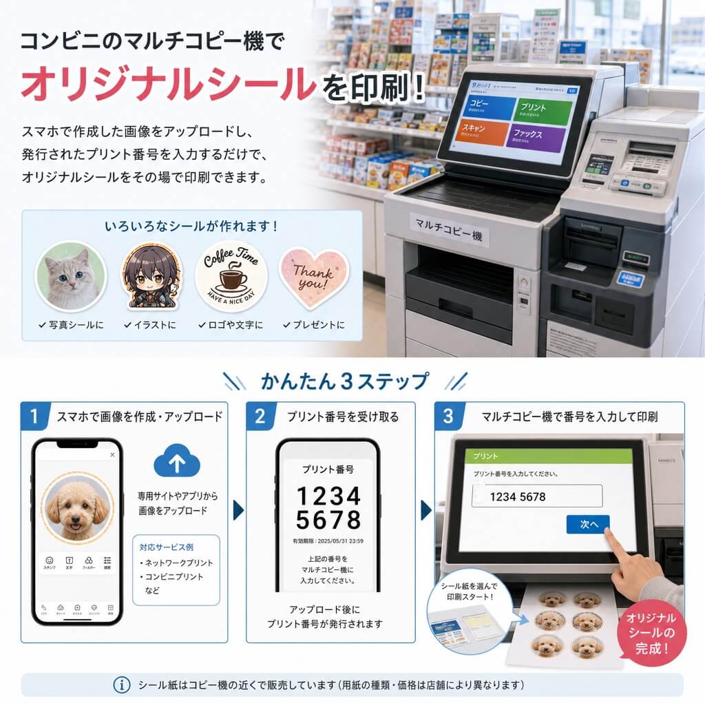 コンビニのマルチコピー機でオリジナルシールを印刷する3ステップ