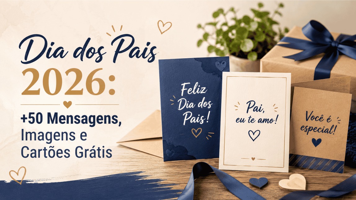 Capa do blog Dia dos Pais 2026 com três cartões decorativos, mensagens carinhosas e presentes em tons de azul e dourado.