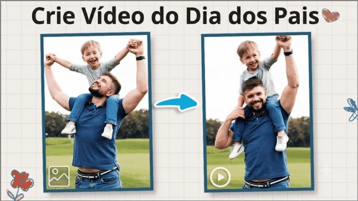 Colagem mostrando um pai brincando com o filho e a transformação de uma foto em vídeo para o Dia dos Pais.