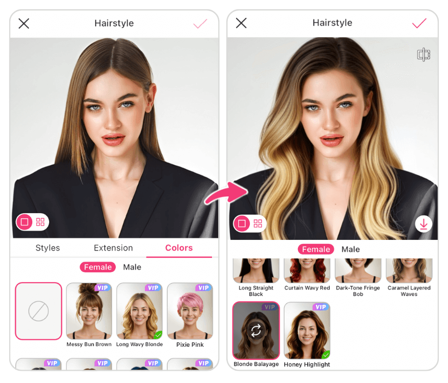 AI blonde balayage try-on in YouCam Makeup