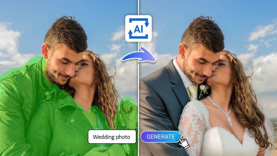 Antes e depois de um casal se beijando: foto casual transformada em foto de casamento com IA, com vestido de noiva branco e terno.