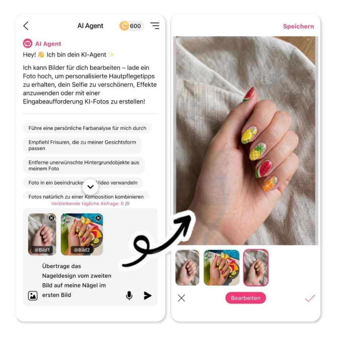 Benutzeroberfläche vom AI Agent in YouCam Makeup, auf der Nageldesigns anprobiert werden
