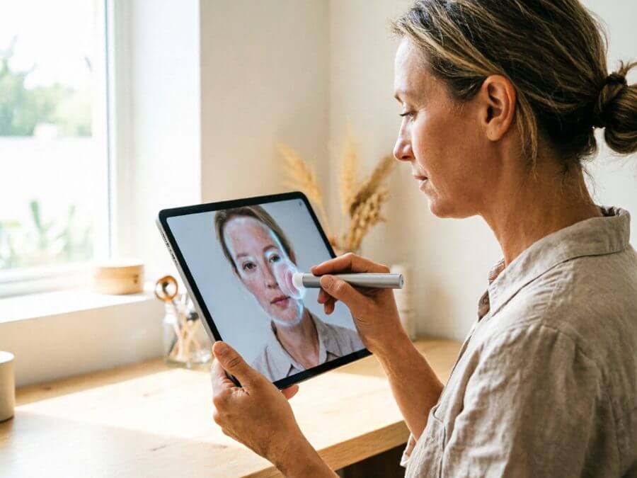 Woman receiving AI skin analysis face scan results on a tablet showing acne detection
