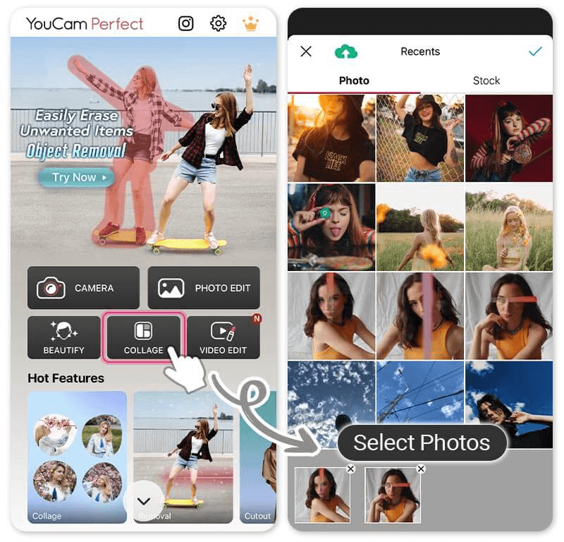 YouCam Perfect 앱으로 두 장의 사진을 바로 합치세요. 사진을 합치는 방법을 알아보세요.