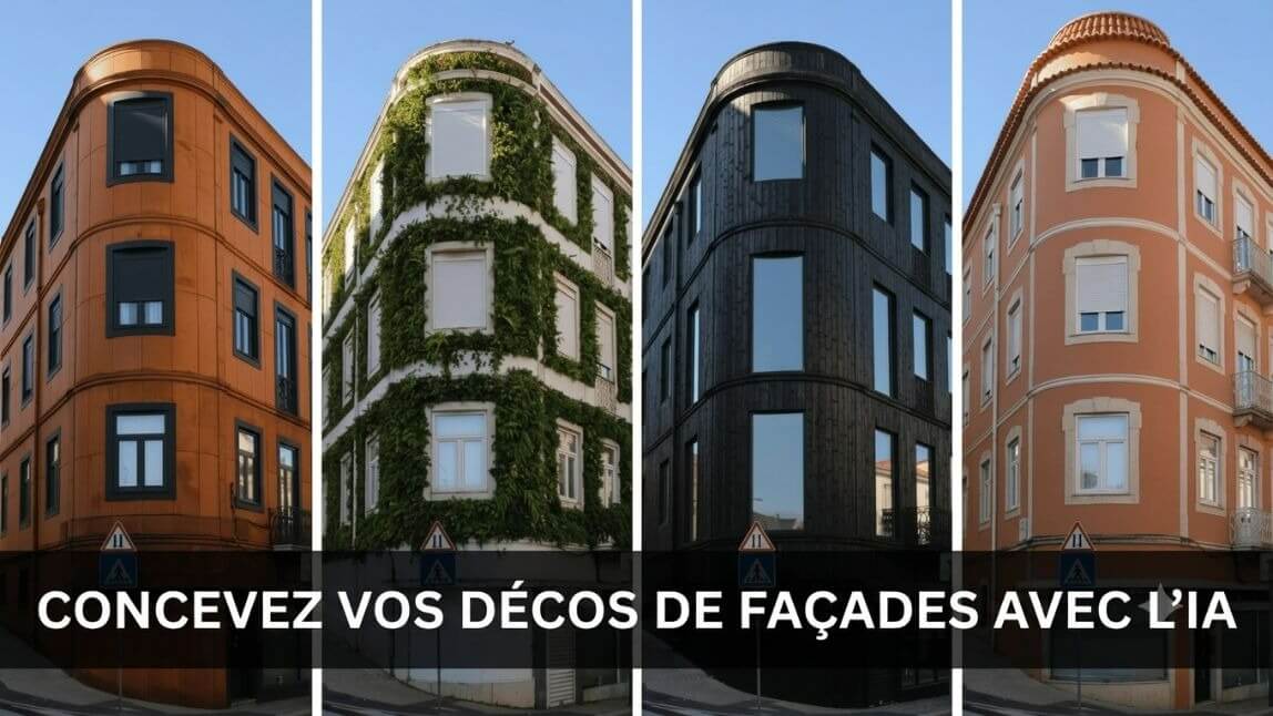 Collage présentant quatre idées de conception de façade différentes, créées avec l’IA.