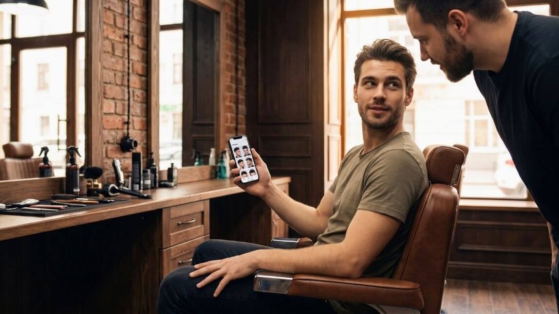 Mann lässt sich von einem Friseur in einem Salon beraten.