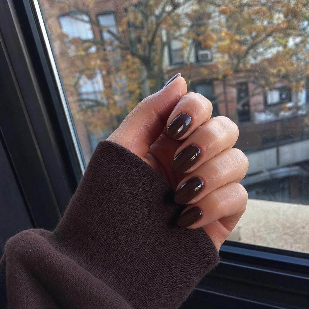 Nageldesign in tiefem Schokoladenbraun mit glänzendem Finish