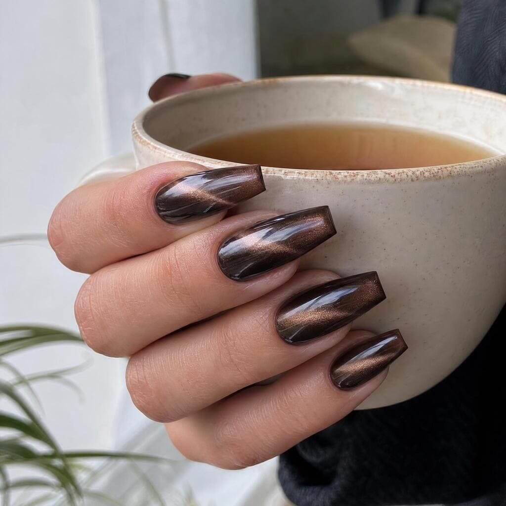 Cat Eye Nageldesign mit metallischem Lichtstreifen-Effekt in dunklen Herbsttönen