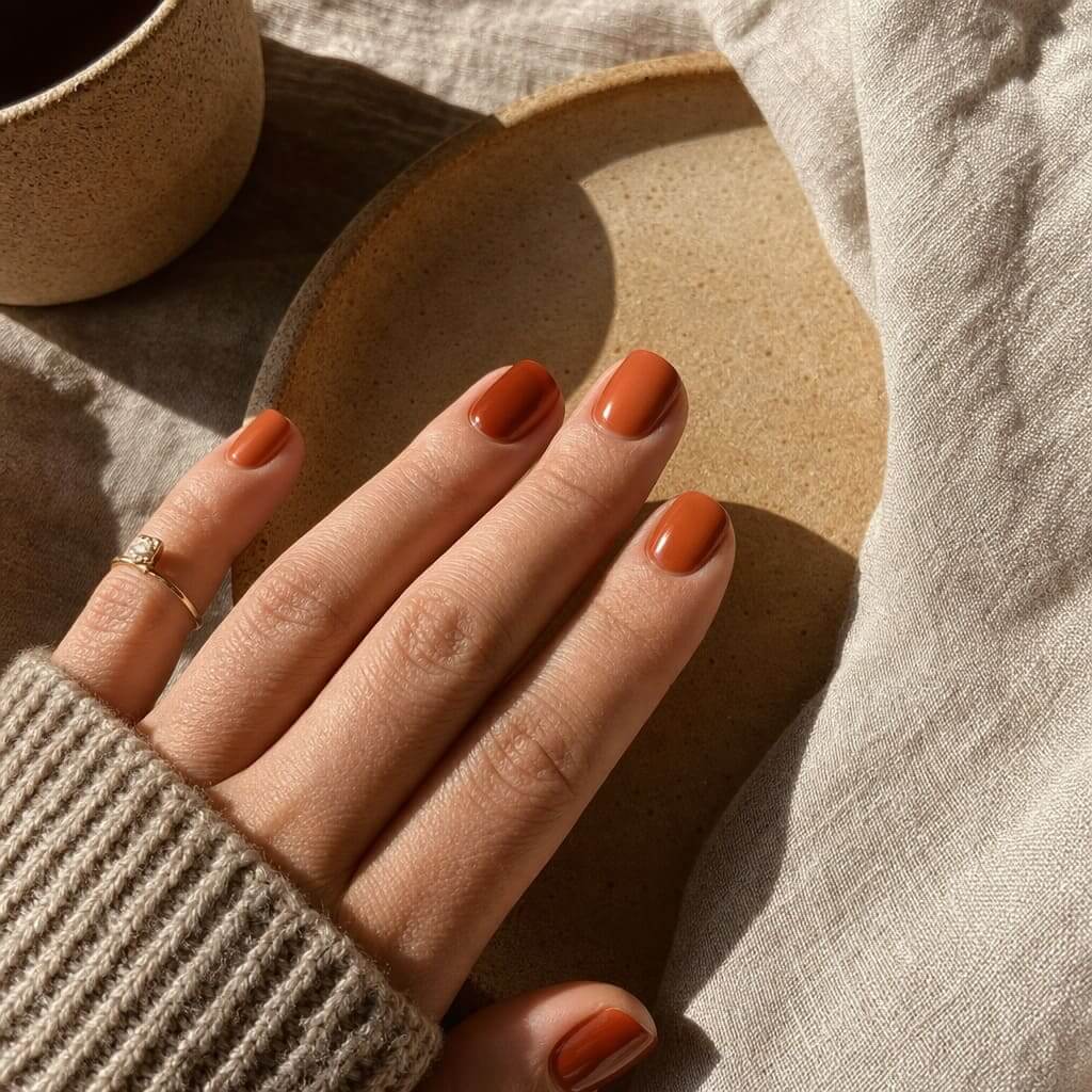 Herbst-Nageldesign in warmem Terrakotta und gebranntem Orange