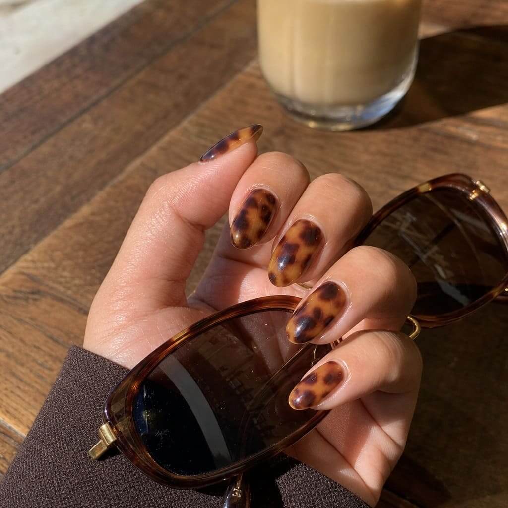 Tortoiseshell Nails mit transparentem Bernstein- und Espresso-Muster