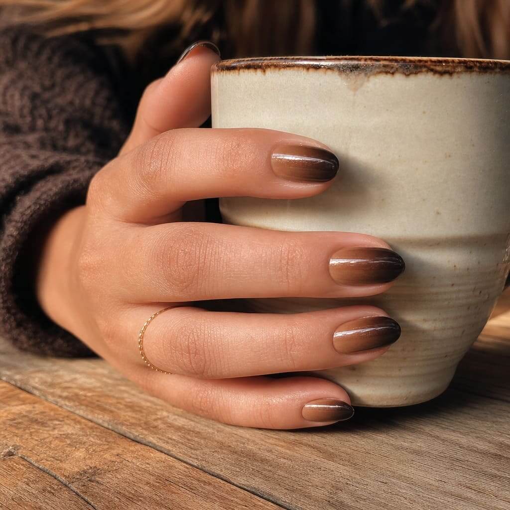 Herbstliches Ombré-Nageldesign mit Farbverlauf von Karamell zu Espresso