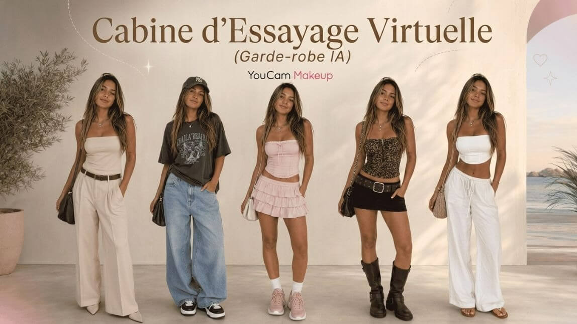 Cabine d’essayage virtuelle avec IA de YouCam Makeup montrant cinq looks féminins dans le dressing IA