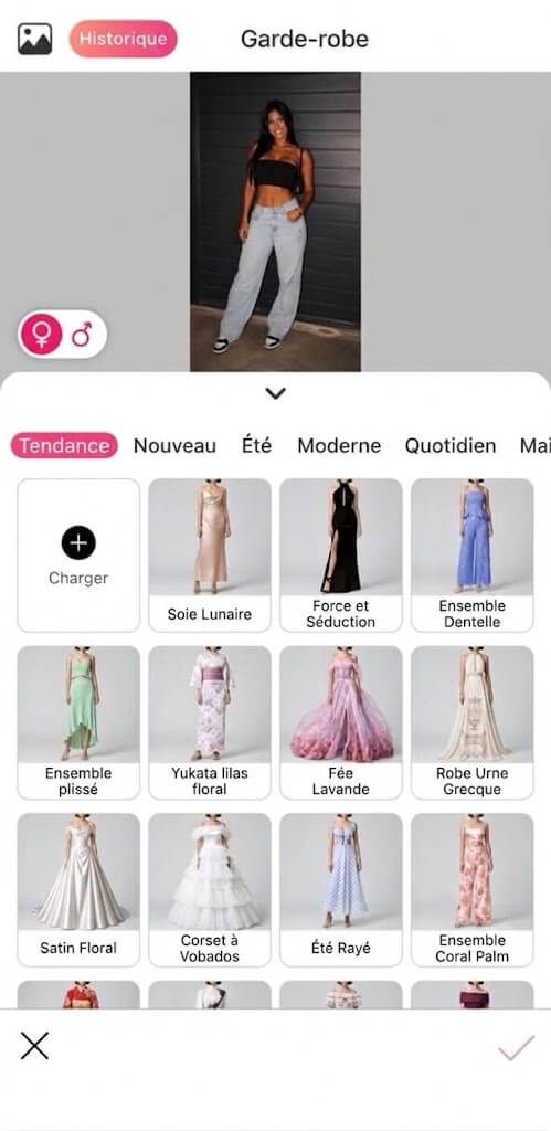 Écran du Dressing IA avec des catégories de looks et des options pour importer des vêtements dans la garde-robe virtuelle