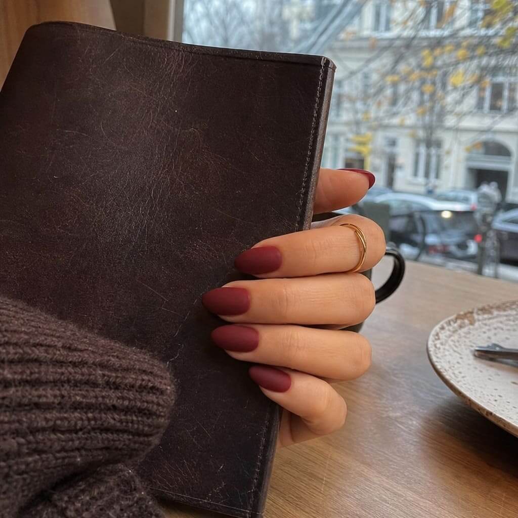 Matte Bordeaux Nägel in tiefem Weinrot für den Herbst
