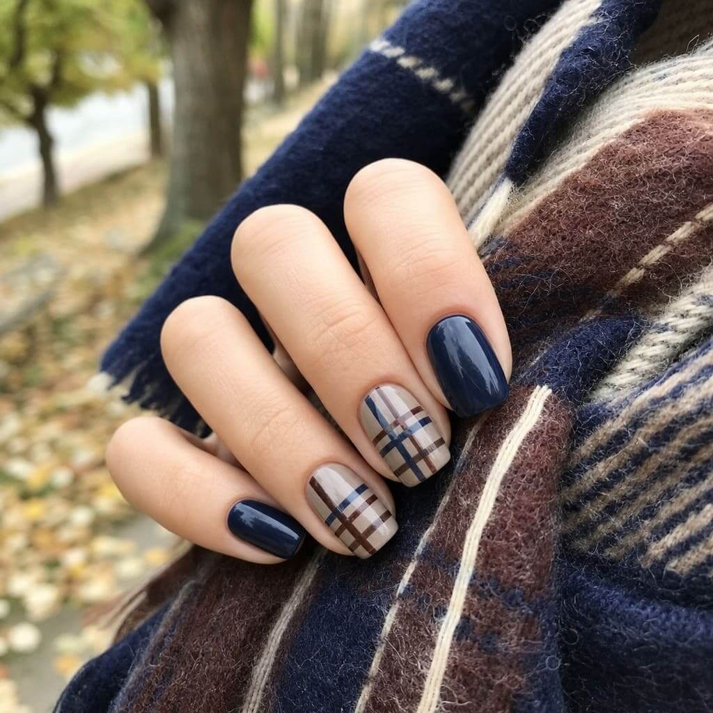 Plaid Nails mit feinen Karolinien in Dunkelblau, Schokolade und Beige