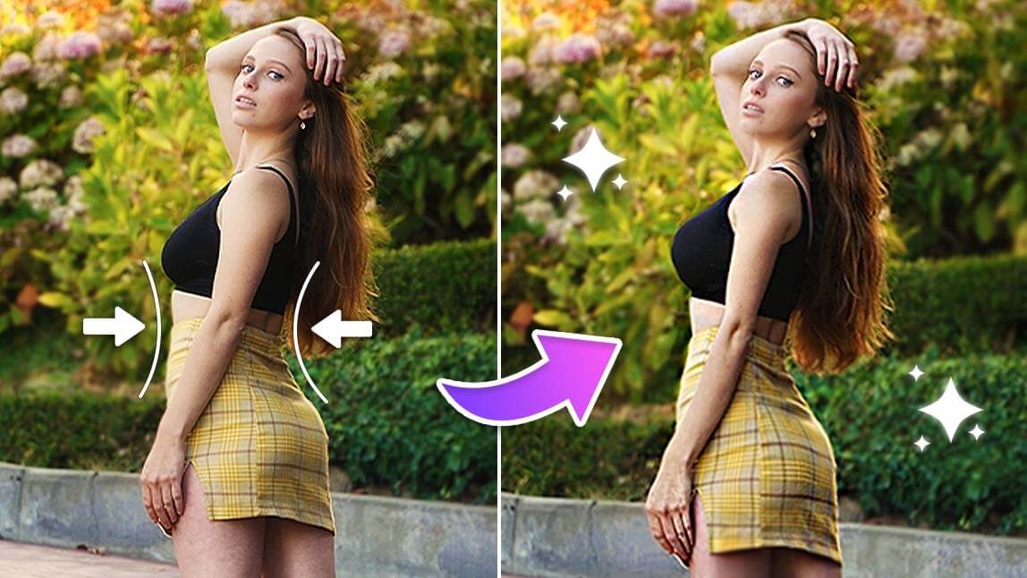 Testing a waist filter to edit and slim a waist in a photo with YouCam Perfect