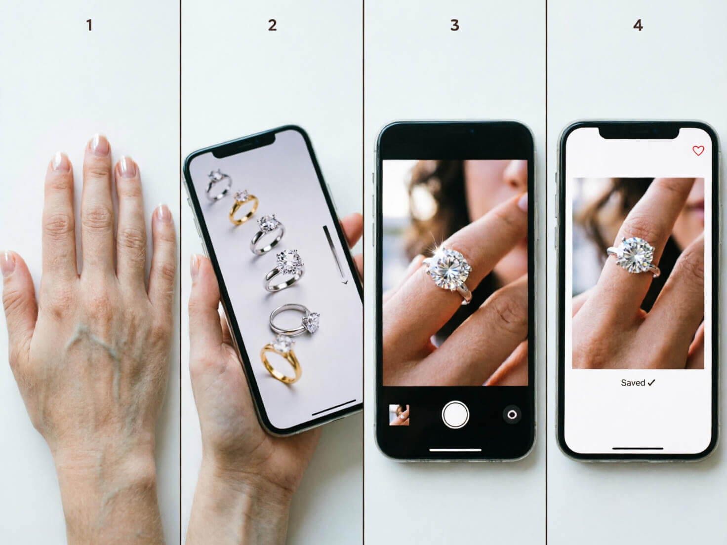 How Do You Try On Virtually Photorealistic four-panel style flatlay sequence on a single image showing a phone screen progression: 1) camera pointed at bare hand, 2) ring style selection carousel, 3) AR ring appearing on finger in live view, 4) final saved result screen with a heart/save icon, clean white background, consistent lighting across panels