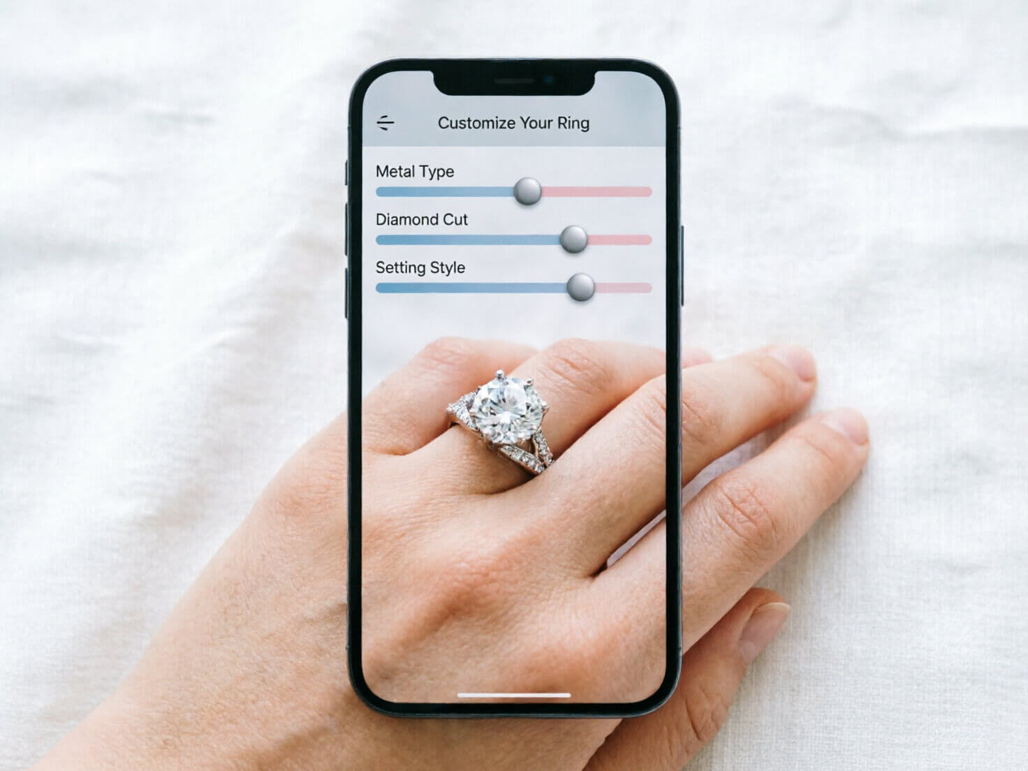 Custom Ring Design Photorealistic image of a smartphone screen showing a ring design customization tool with sliders for metal type, diamond cut, and setting style, a freshly generated custom ring rendered on a hand, modern tech-forward UI, clean bright lighting