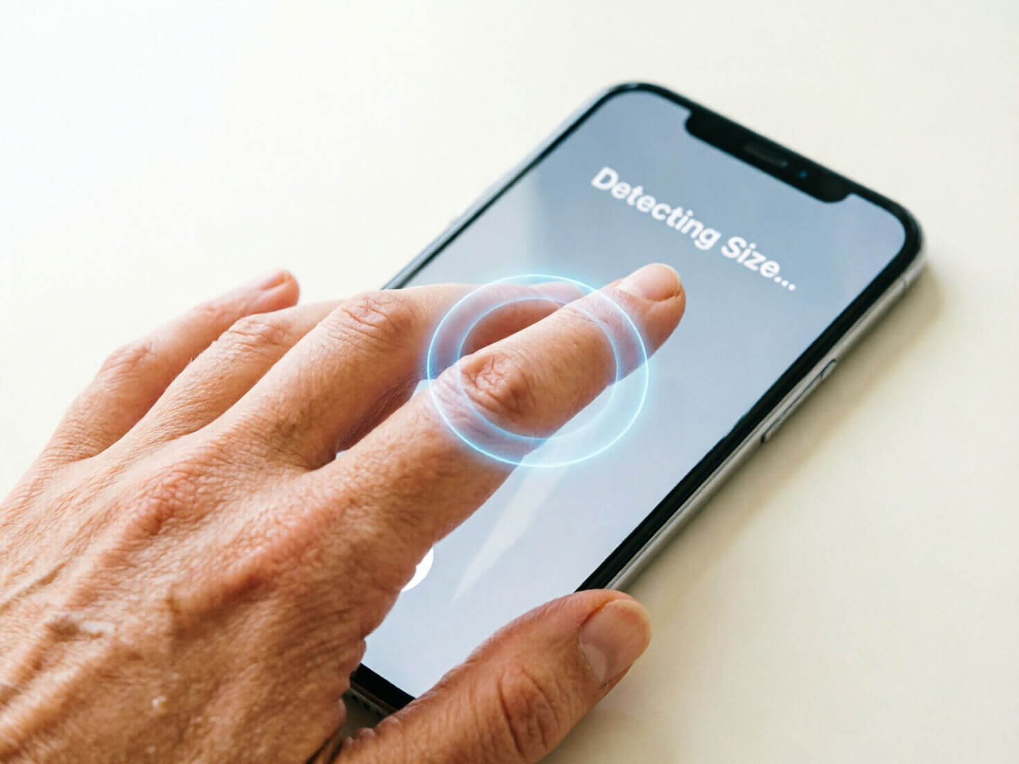 Auto Ring Size Detection Photorealistic image of a hand with a finger being measured on a smartphone screen, showing an AR ring sizer interface with a subtle measurement guide overlay around the finger, clean bright background, minimal UI text reading "Detecting Size..."