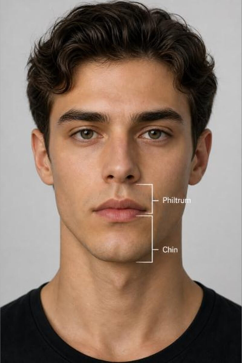 Diagram showing the philtrum and chin segments measured for the chin to philtrum ratio