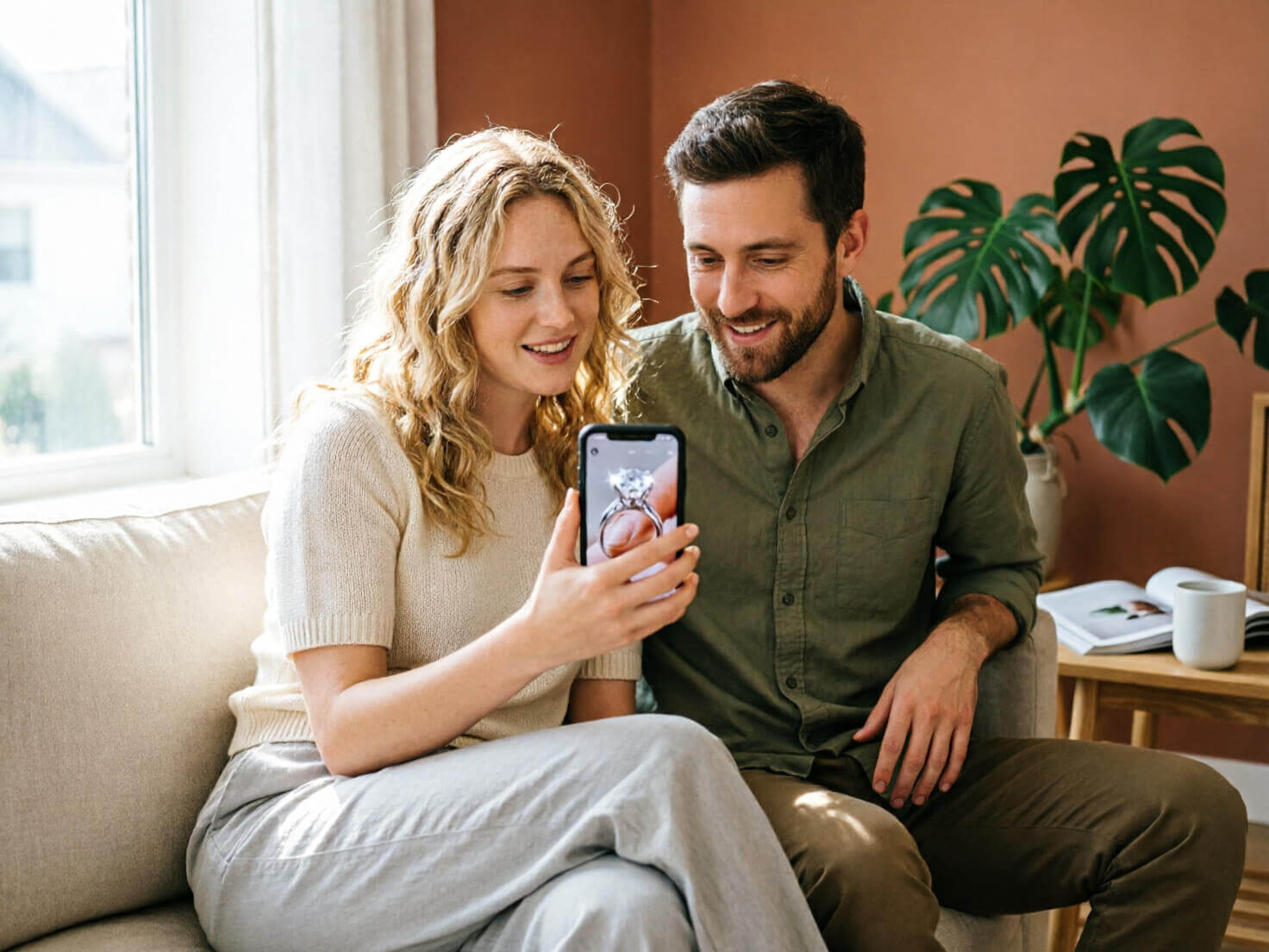 Why Try On Rings Virtually? Photorealistic lifestyle photo of a couple sitting on a couch together, one person holding up a phone showing a ring try-on app while the other leans in smiling, natural home lighting, engagement ring visible on the phone screen, candid unposed feel, shallow depth of field