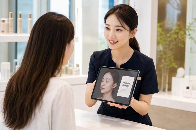 Beauty retail associate showing a customer AI facial analysis results on a tablet