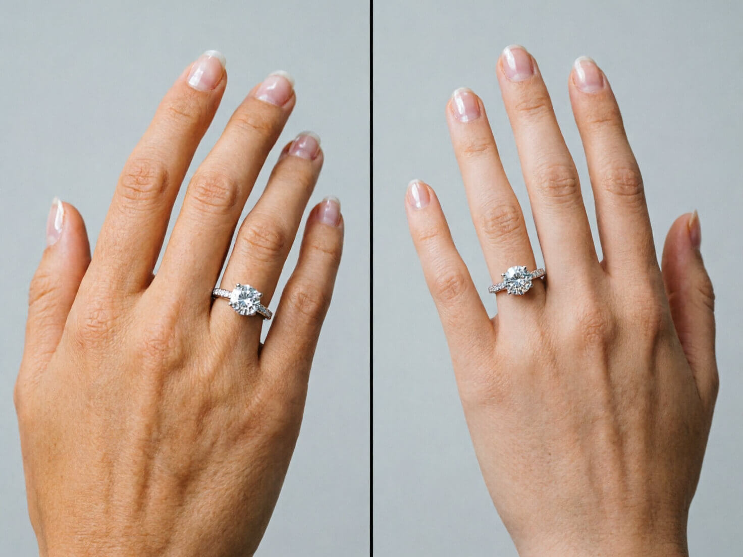 Hand Avatars Photorealistic split image showing a real hand next to a digitally generated avatar hand wearing the same engagement ring, illustrating personalized virtual modeling technology, soft studio lighting, clean minimal background