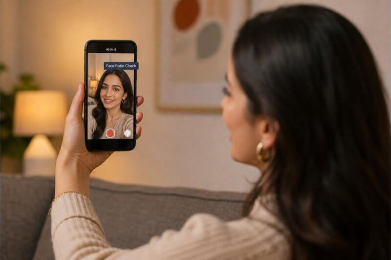 Young woman filming a face ratio check style short video on her phone at home