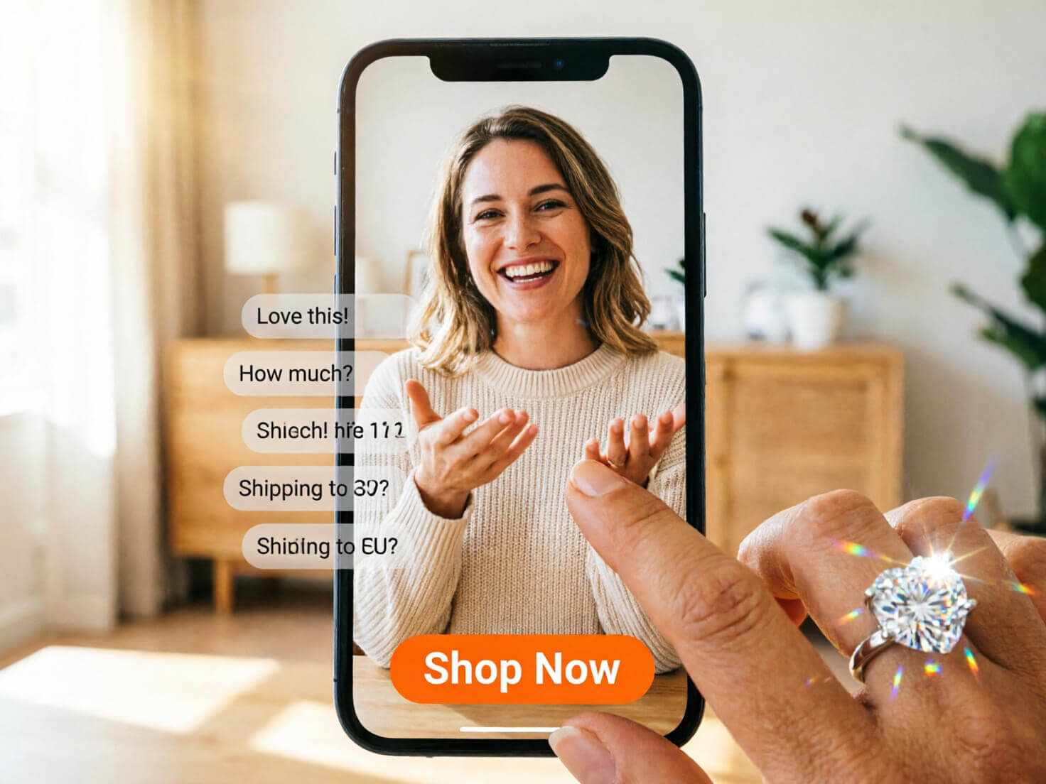 Livestream & Social Commerce Photorealistic image of a smartphone recording a livestream with a hand visible in frame wearing an AR-rendered ring, live comment bubbles and a "Shop Now" button overlay on screen, social commerce aesthetic, warm bright lighting