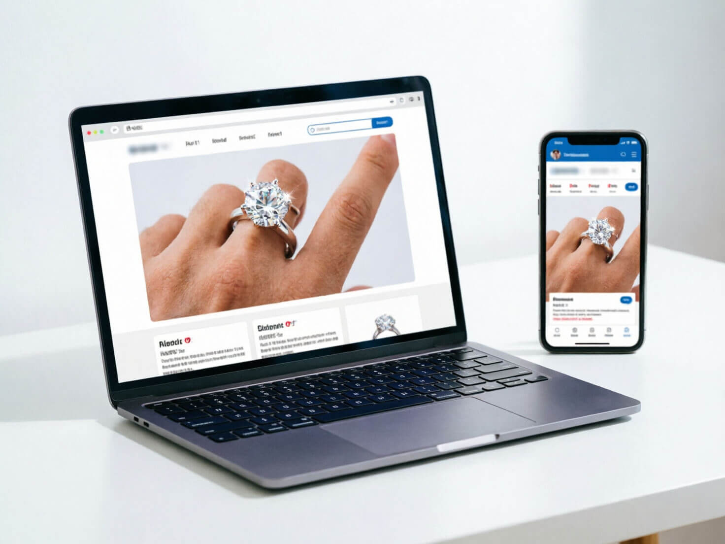 Professional Try-On API Photorealistic image of a laptop and smartphone side by side on a clean desk, both showing the same jewelry e-commerce website with an AR ring try-on feature active, professional B2B tech product photography style, bright neutral lighting