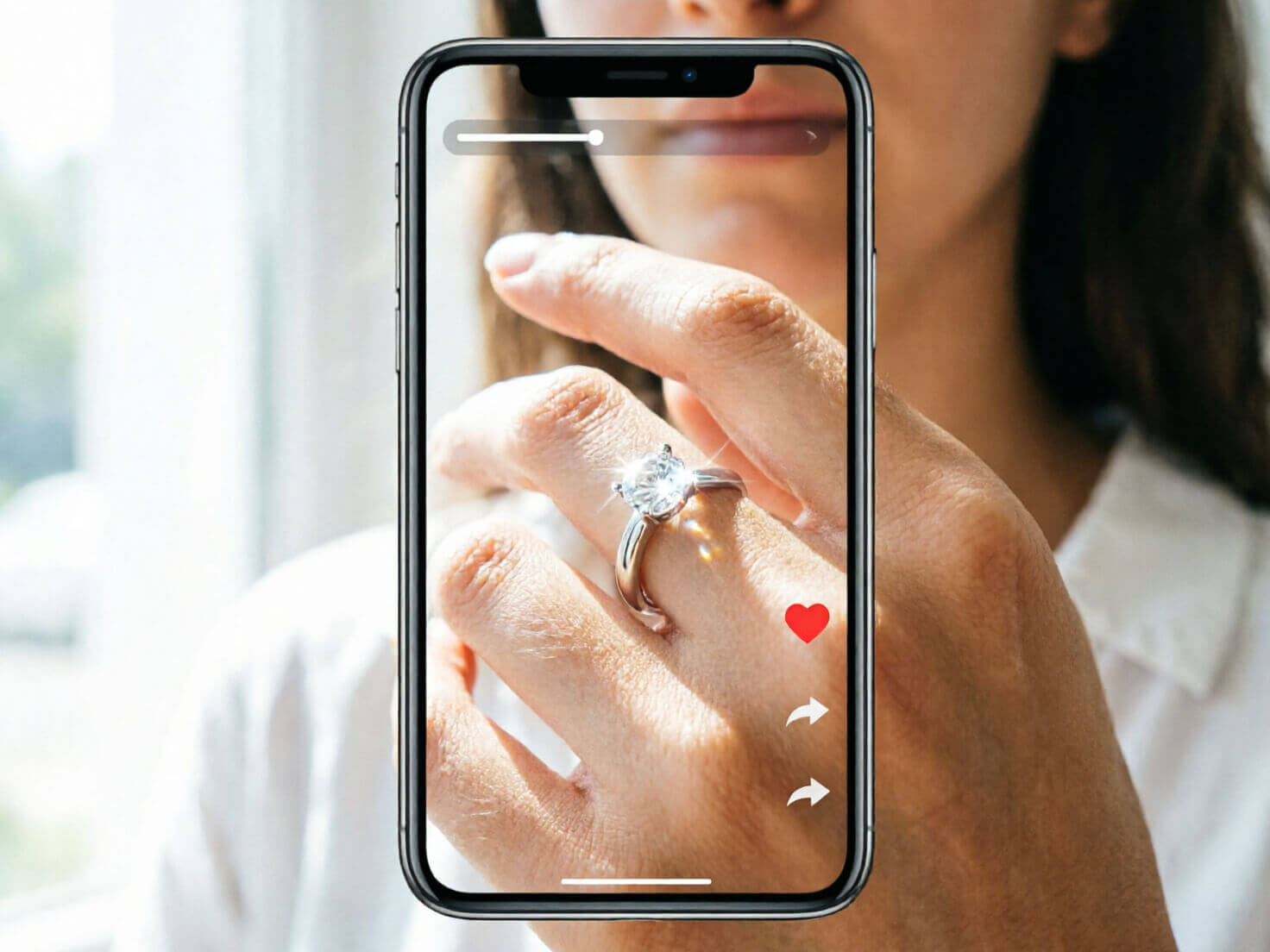 Try Them Out Photorealistic mockup of a smartphone displaying a short-form video app interface (vertical video format) showing a hand with an engagement ring AR try-on demo mid-video, subtle heart and share icons on the side of the screen, engaging social-media style composition, bright natural lighting