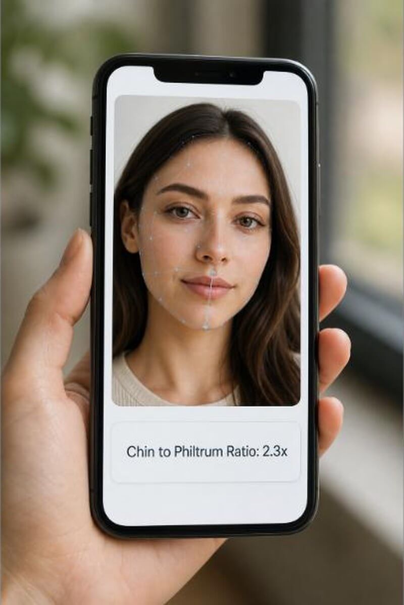 Smartphone screen showing an AI face analysis app calculating a chin to philtrum ratio