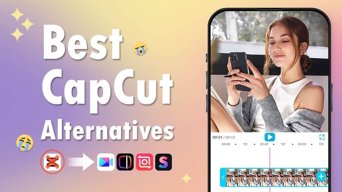Capa com uma criadora editando um vídeo no celular e o texto “13 alternativas ao CapCut”, com ícones de apps de edição.