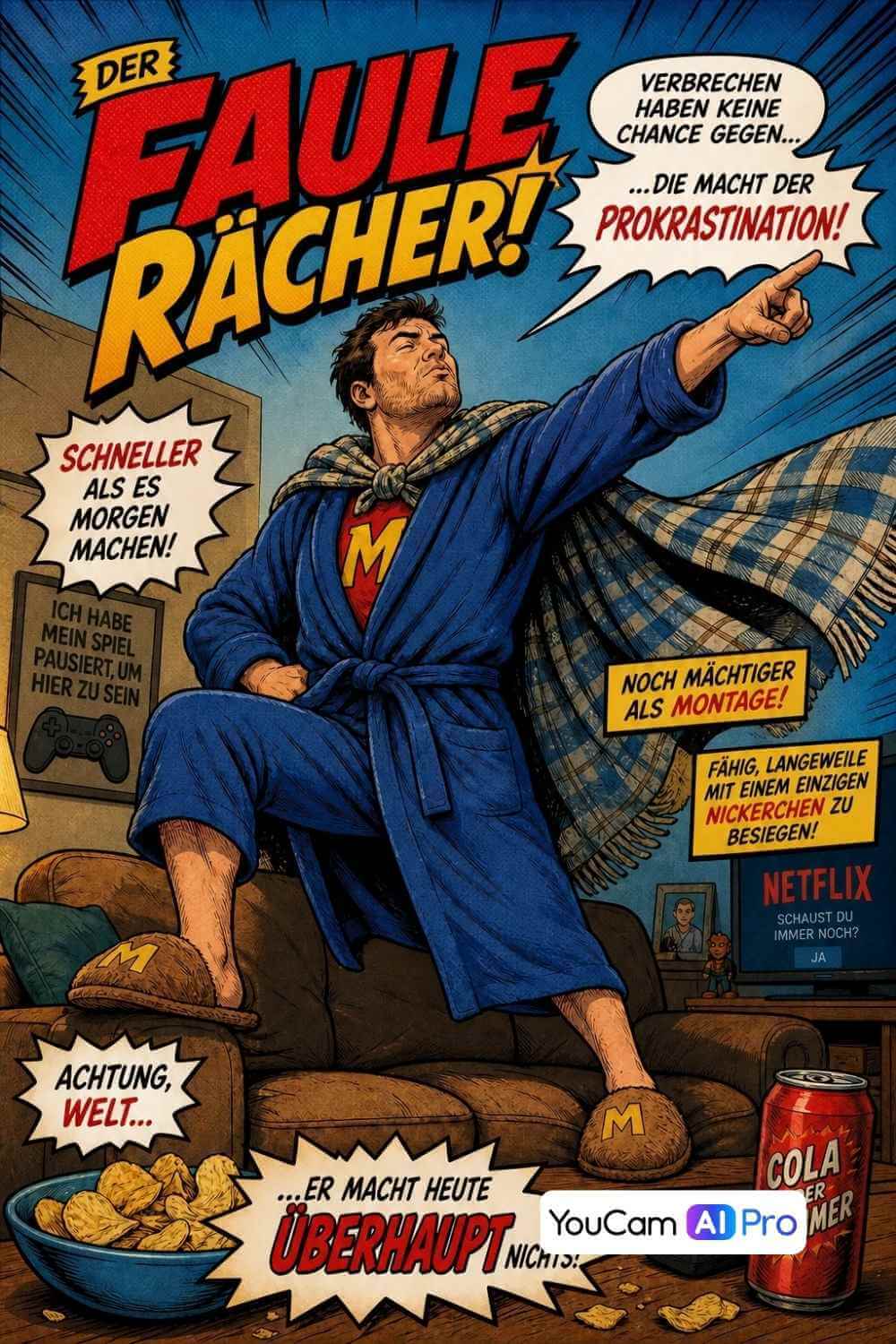 Comic-Superhelden-Illustration im Bademantel als lustiges Männertag-Bild