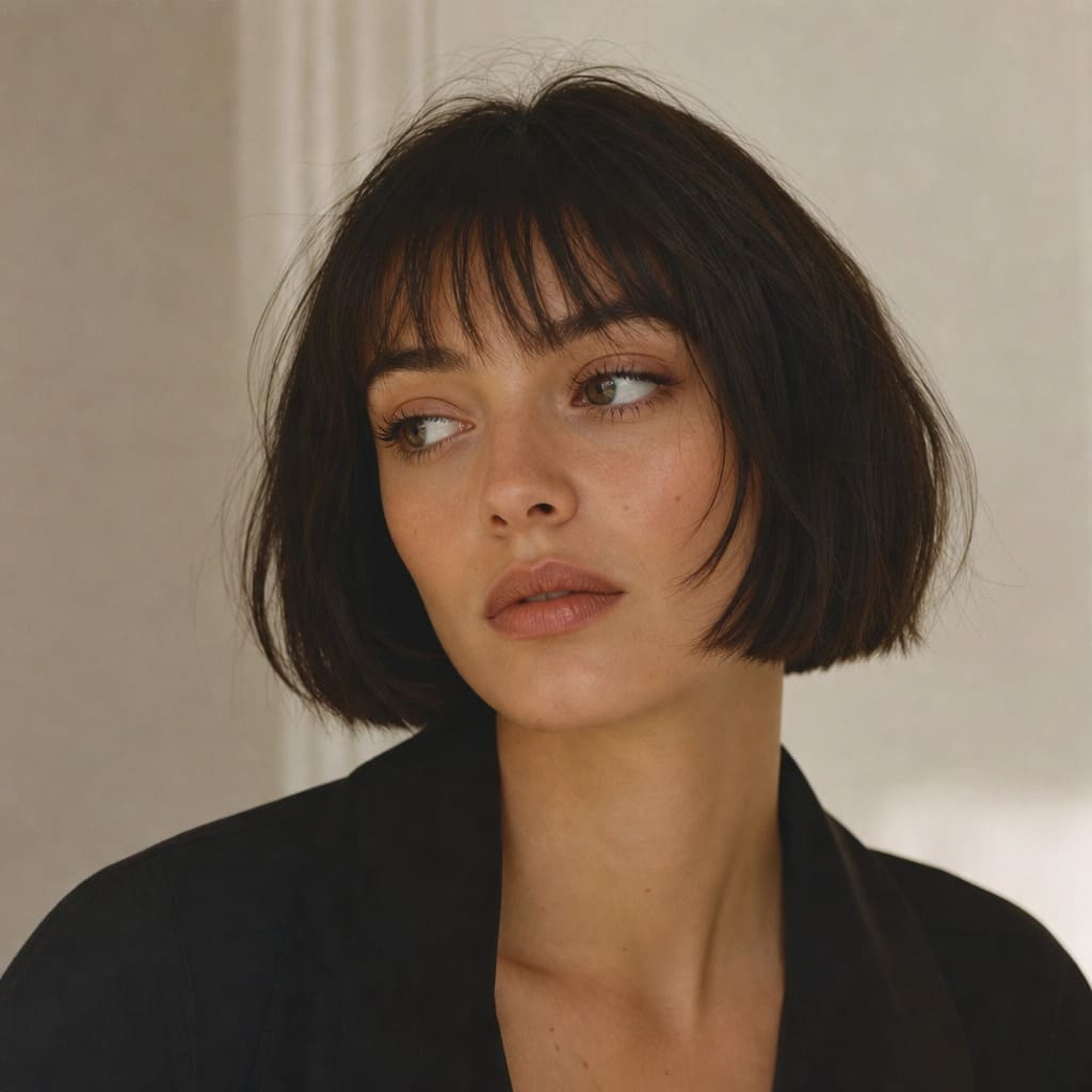 Kurzer French Bob mit weichem Pony als elegante Herbstfrisur