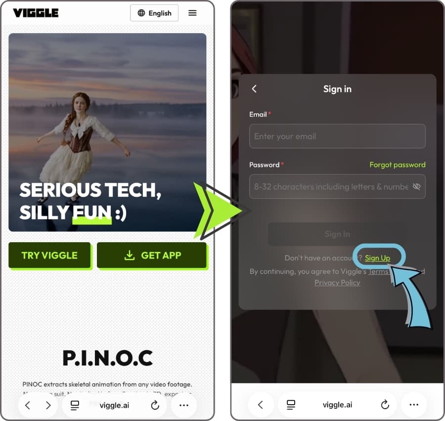 Viggle AIのウェブ版サインアップ画面 Viggle AIのウェブ版サインアップ画面