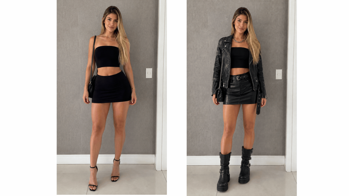 Modelo provando diferentes estilos de roupas para o Rock in Rio usando o Provador Virtual do YouCam Makeup